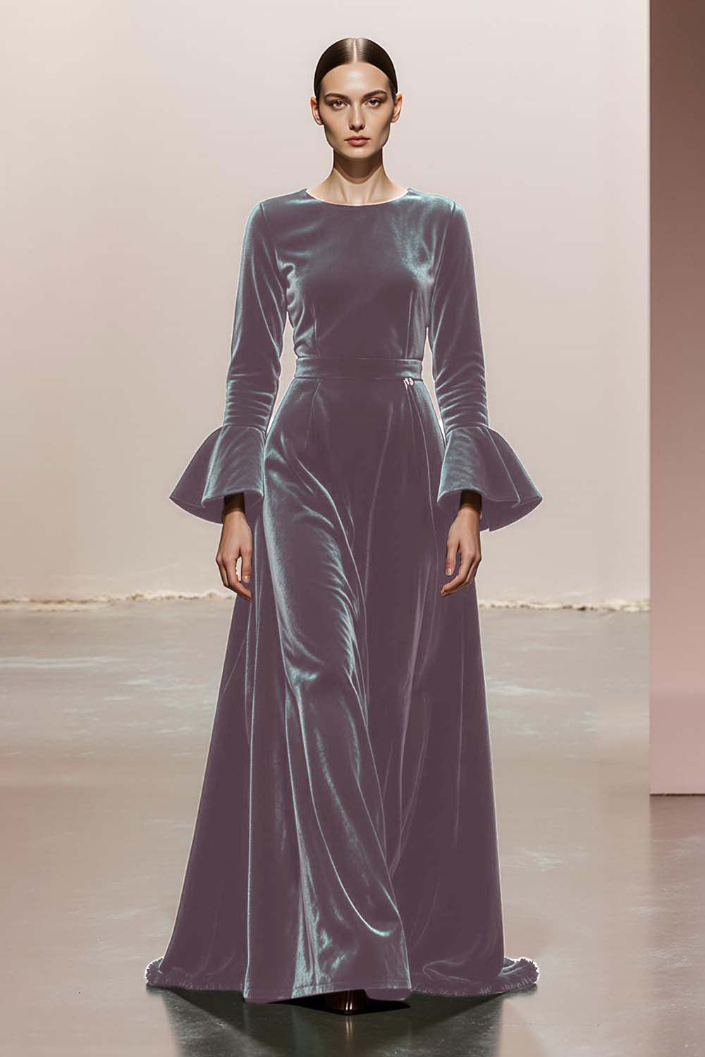 Dark Green A-Line Round Neck Long Sleeves Velvet Military Ball Dresses