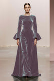 Dark Green A-Line Round Neck Long Sleeves Velvet Military Ball Dresses