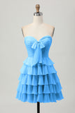 Sky Blue Strapless A Line Tiered Short Prom Dress with Bow