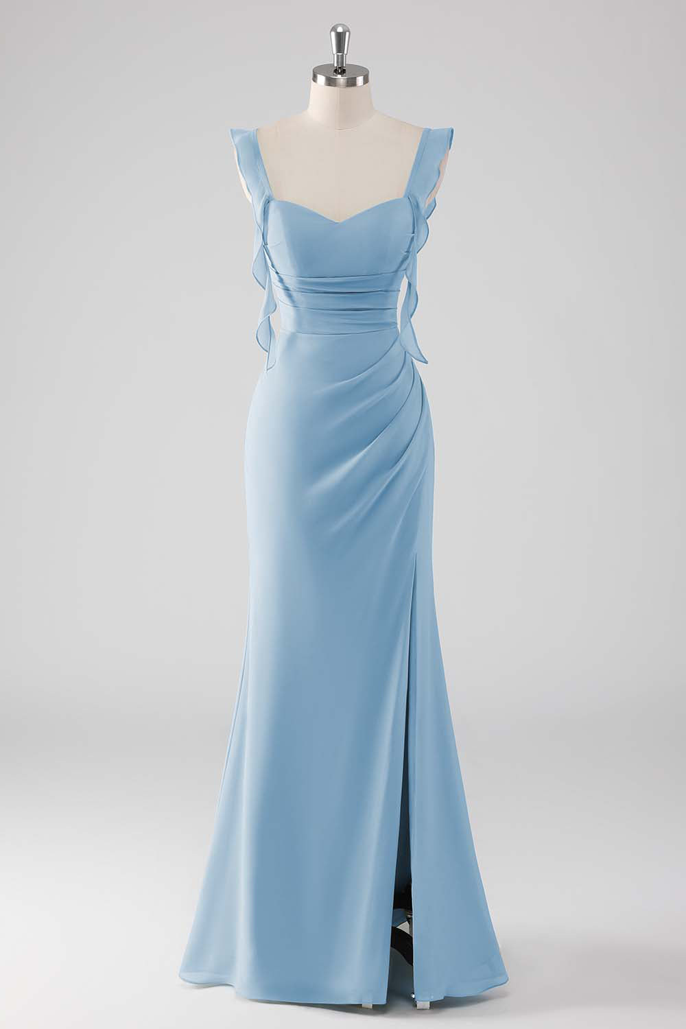 Dusty Blue Ruffled Sheath Lace-Up Back Long Bridesmaid Dress with Slit