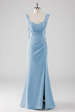 Dusty Blue Ruffled Sheath Lace-Up Back Long Bridesmaid Dress with Slit