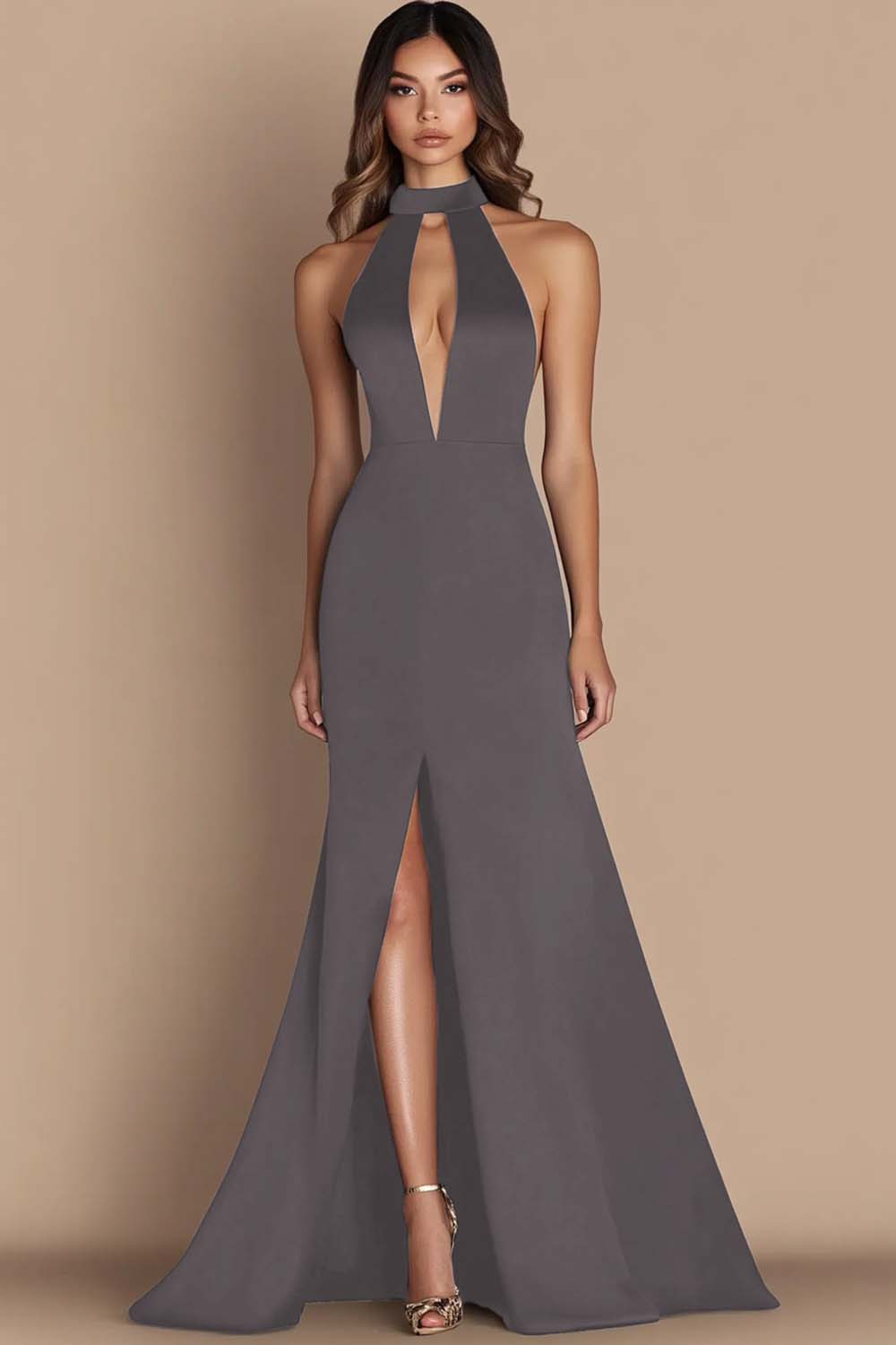 Black Halter Cut Out Mermaid Gala Dress with Slit