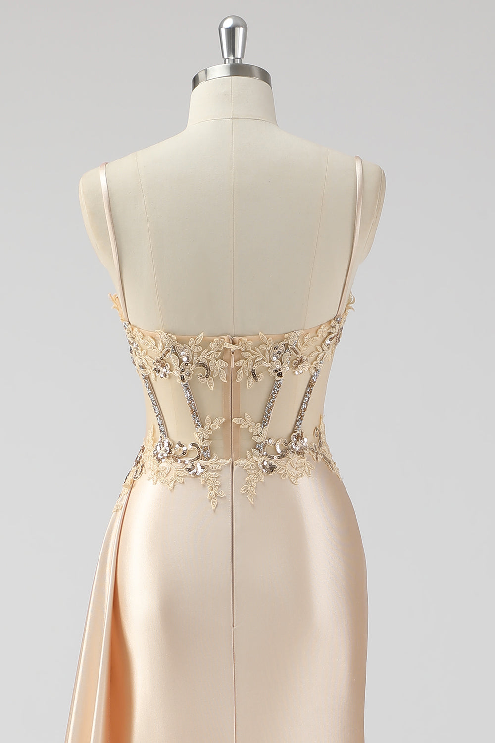 Silver Mermaid Pleated Sheer Long Corset Satin Prom Dress With Slit