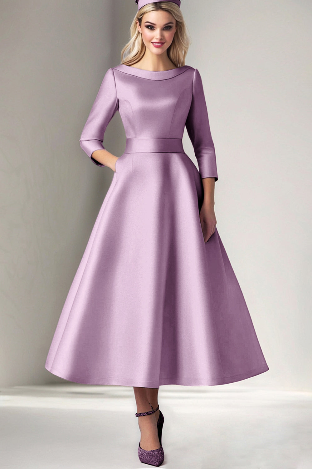 Pink Satin A Line Tea Length Mother of the Bride Dress
