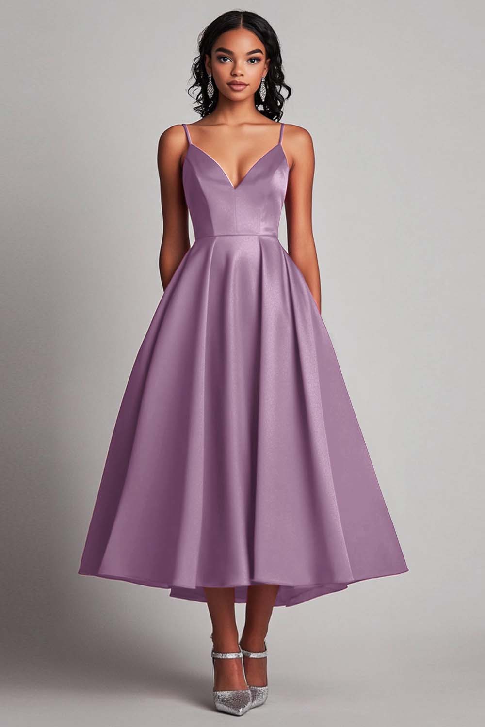 Red Satin A-Line Tea Length Formal Dress