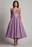 Red Satin A-Line Tea Length Formal Dress