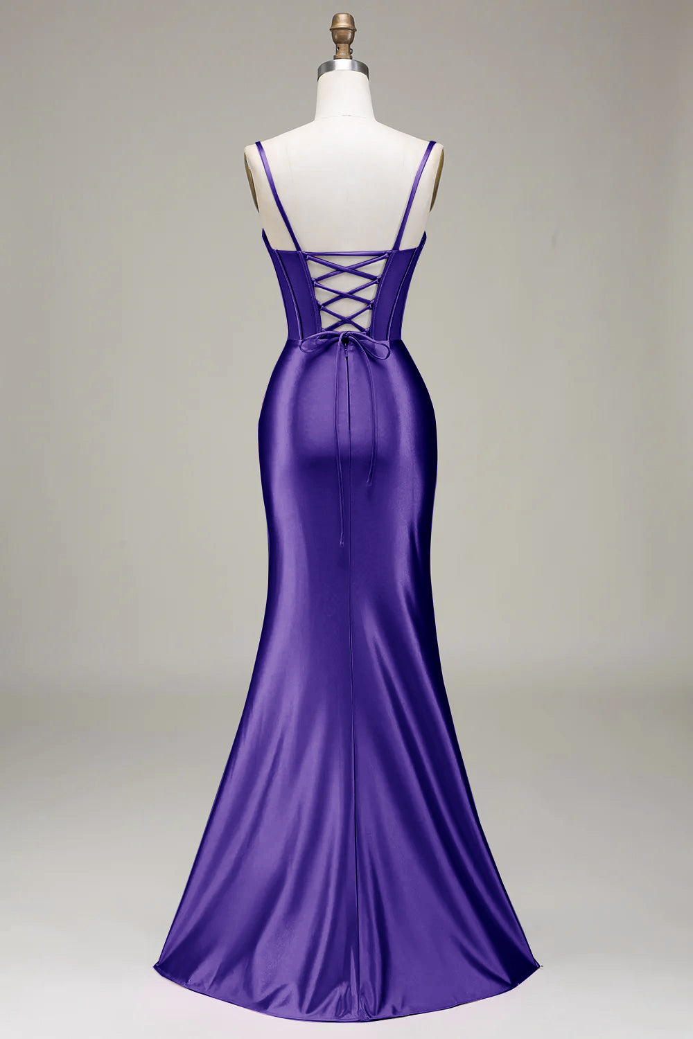 Mermaid Satin Spaghetti Straps Royal Blue Corset Prom Dress with Slit