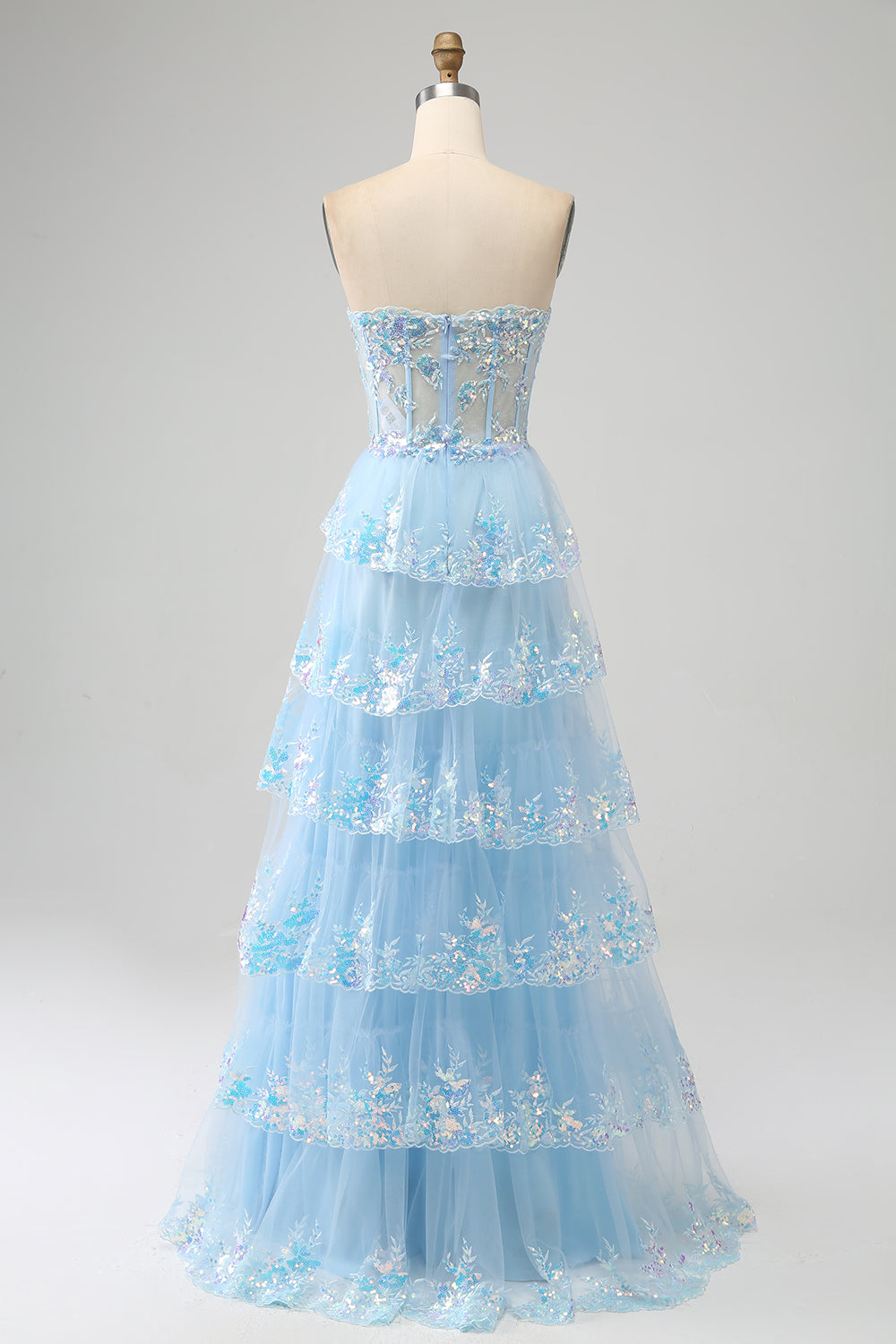Light Blue Strapless Tiered Tulle Corset Prom Dress with Appliques