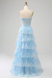Light Blue Strapless Tiered Tulle Corset Prom Dress with Appliques