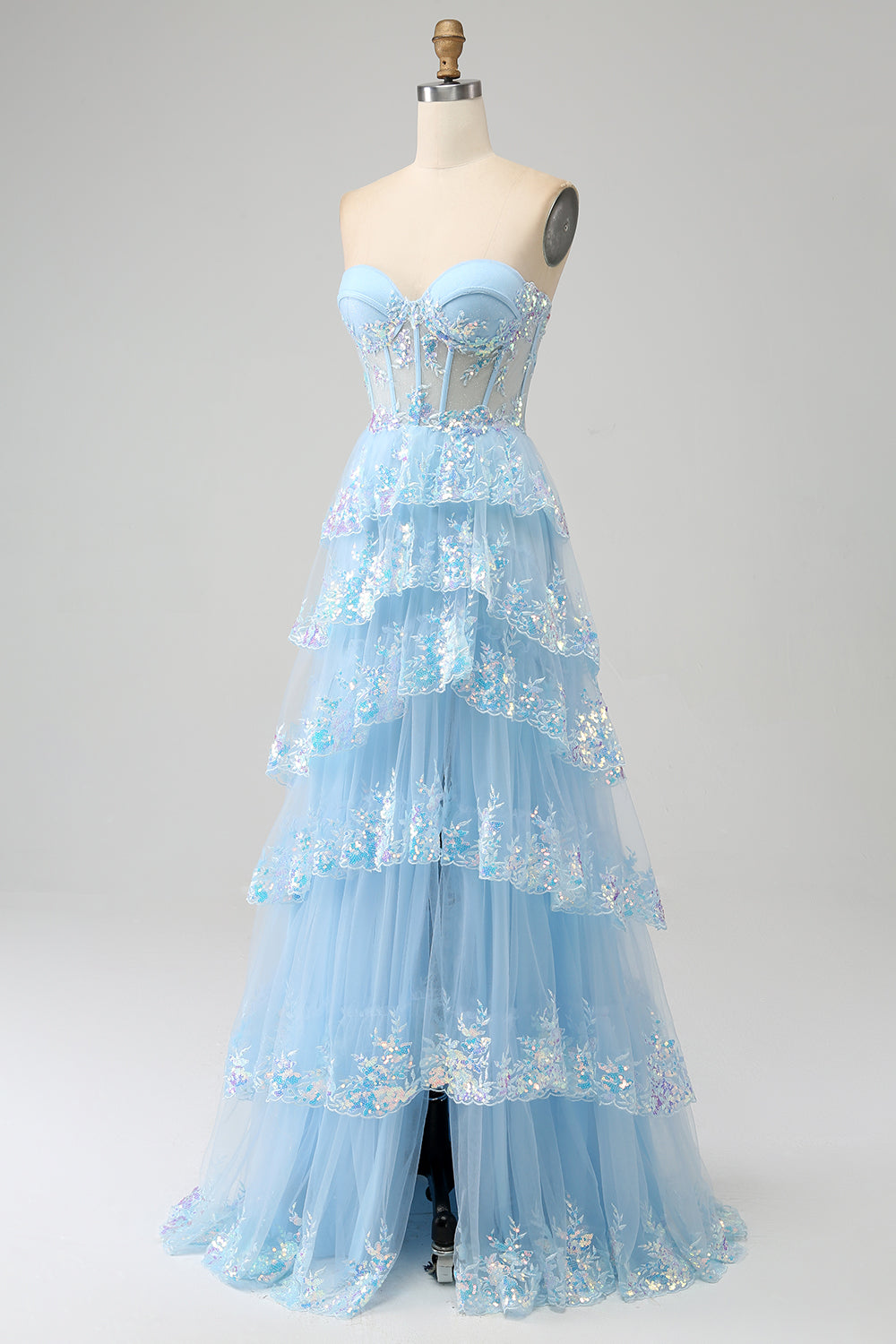 Light Blue Strapless Tiered Tulle Corset Prom Dress with Appliques