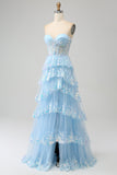 Light Blue Strapless Tiered Tulle Corset Prom Dress with Appliques