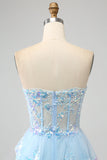 Light Blue Strapless Tiered Tulle Corset Prom Dress with Appliques