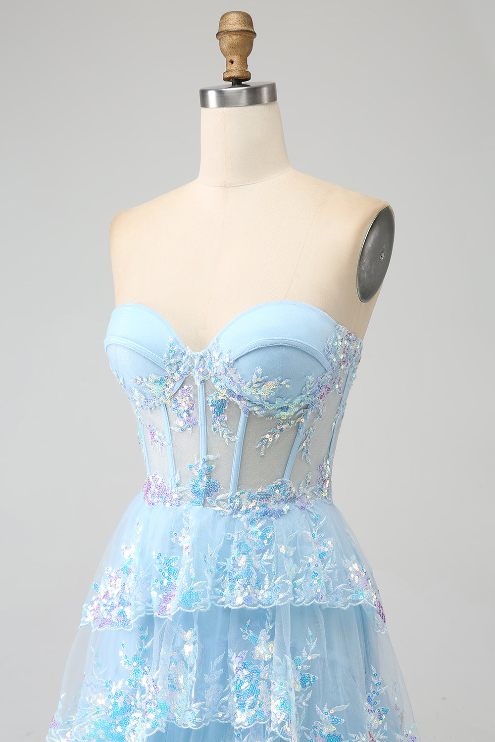 Light Blue Strapless Tiered Tulle Corset Prom Dress with Appliques