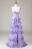 Light Blue Strapless Tiered Tulle Corset Prom Dress with Appliques