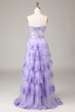 Light Blue Strapless Tiered Tulle Corset Prom Dress with Appliques