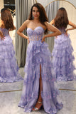 Light Blue Strapless Tiered Tulle Corset Prom Dress with Appliques