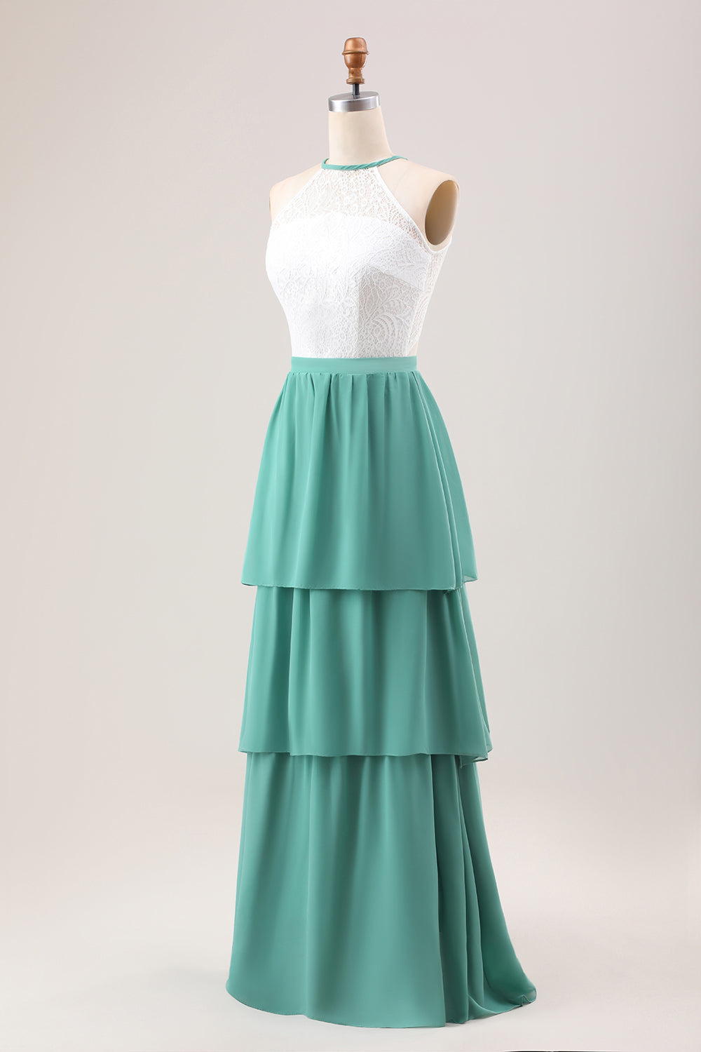 Eucalyptus A Line Tiered Ruffled Long Bridesmaid Dress With Lace