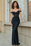 Glitter Mermaid Off the Shoulder Black Long Prom Dress
