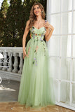 Green Spaghetti Straps Prom Dress With 3D Flowers