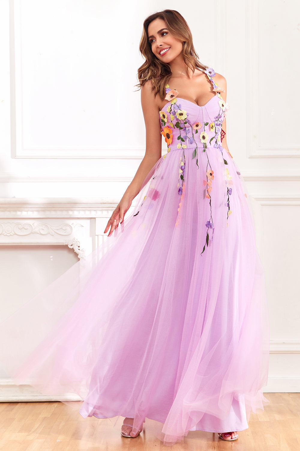 Champagne Spaghetti Straps Prom Dress With 3D Flowers