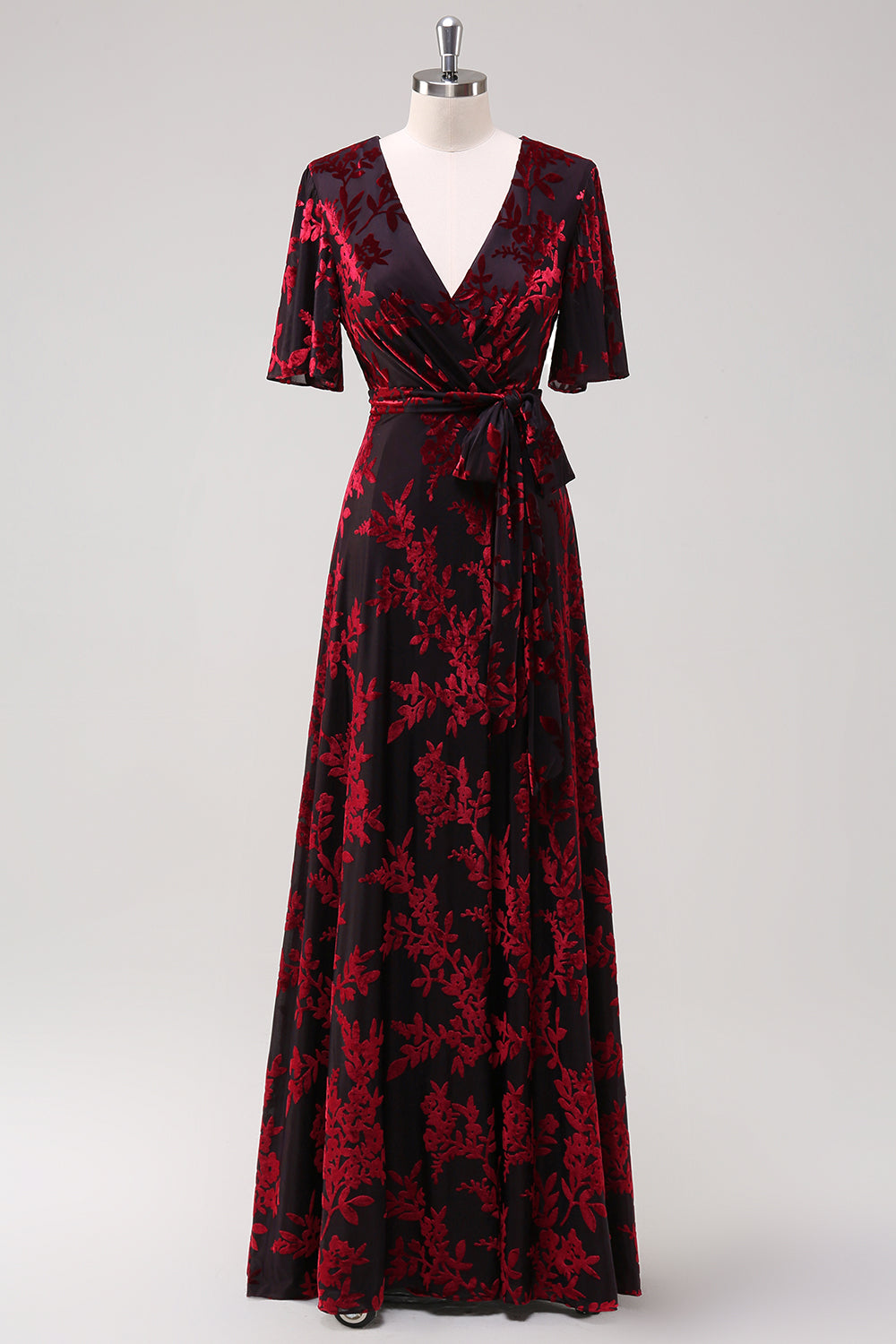 ZAPAKA Women Burgundy Prom Dress A Line Burnout Velvet Long Wedding Party Dress