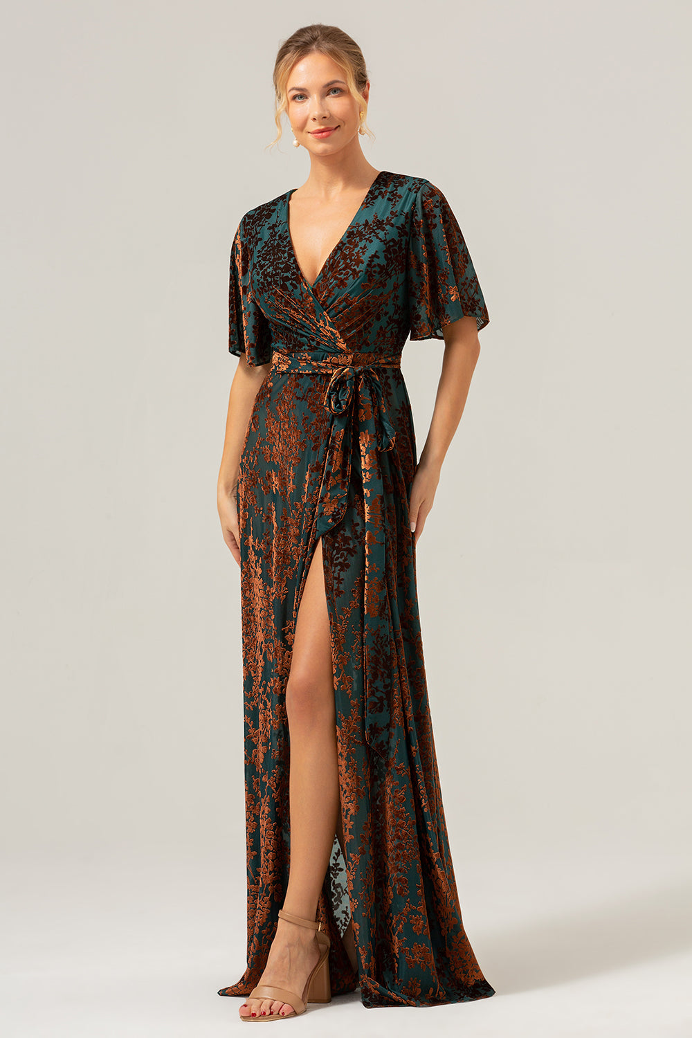 ZAPAKA Women Dark Green Formal Dress A Line Burnout Velvet Evening Dress Long Prom Dress with Short Sleeves