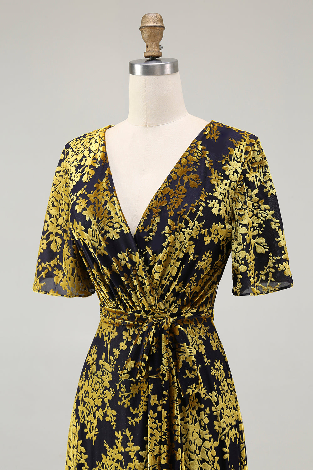 Blue Burnout Velvet A Line Mother of the Bride Dress with Short Sleeves