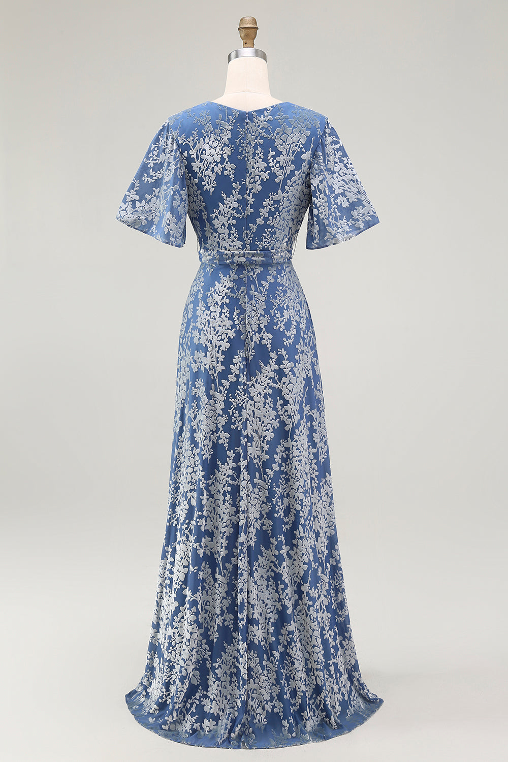 Blue Burnout Velvet A Line Mother of the Bride Dress with Short Sleeves