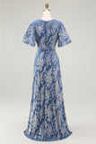 Blue Burnout Velvet A Line Mother of the Bride Dress with Short Sleeves