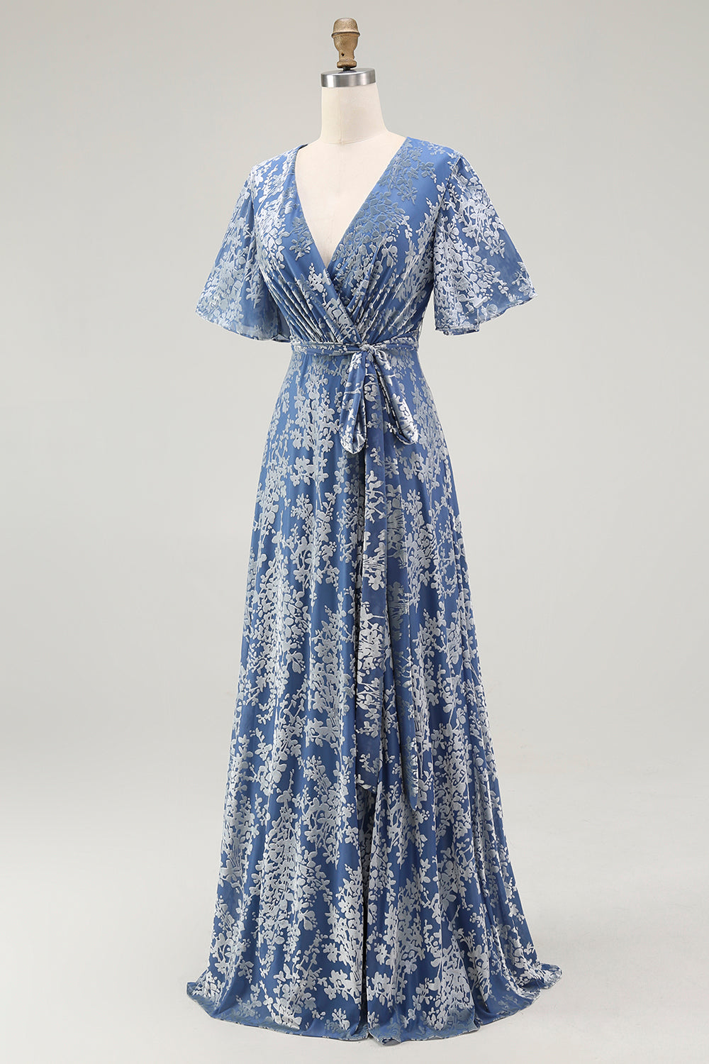 Blue Burnout Velvet A Line Mother of the Bride Dress with Short Sleeves