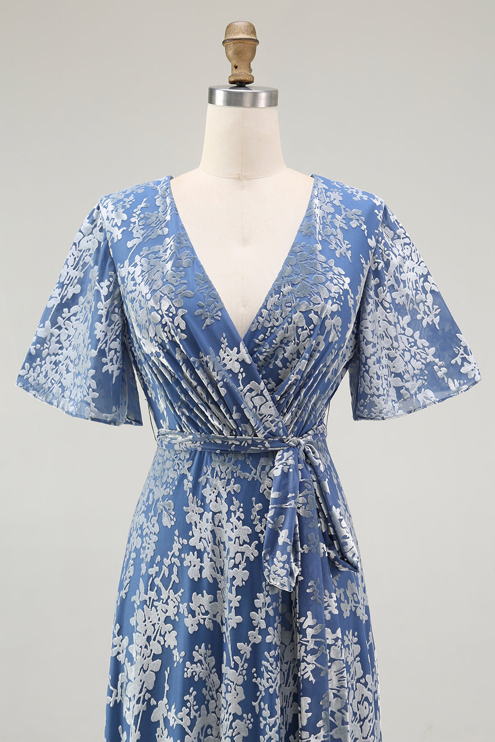 Blue Burnout Velvet A Line Mother of the Bride Dress with Short Sleeves