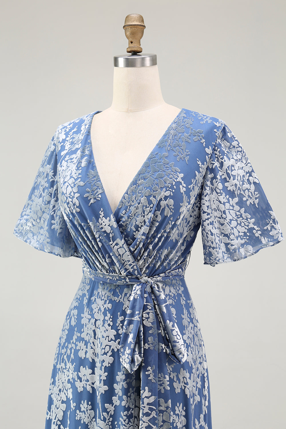 Blue Burnout Velvet A Line Mother of the Bride Dress with Short Sleeves