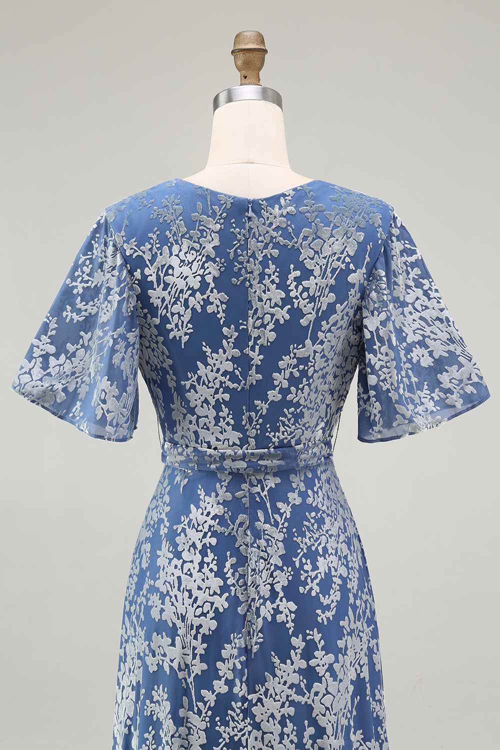 Blue Burnout Velvet A Line Mother of the Bride Dress with Short Sleeves