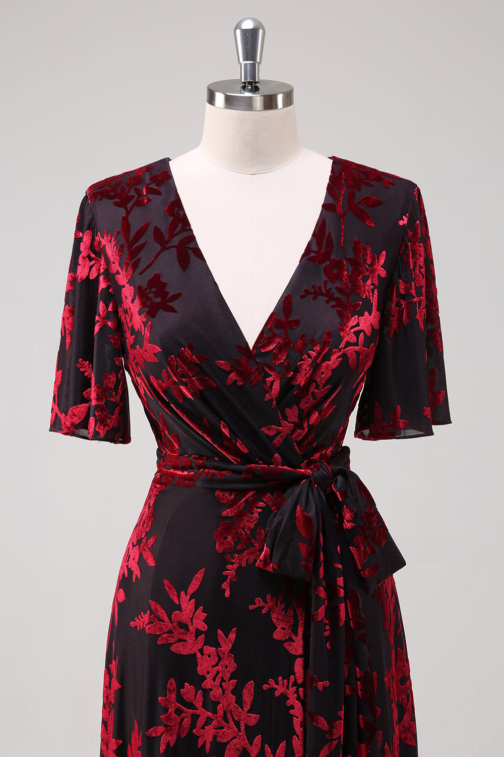Blue Burnout Velvet A Line Mother of the Bride Dress with Short Sleeves