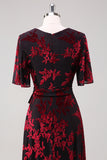 Blue Burnout Velvet A Line Mother of the Bride Dress with Short Sleeves