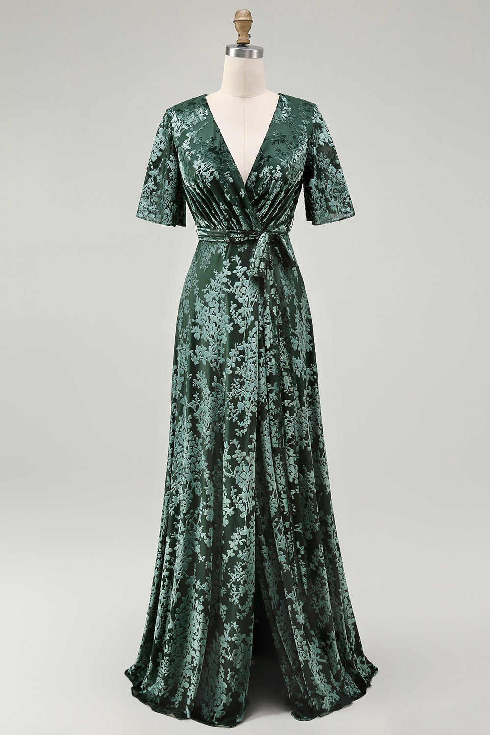 Dark Green A Line Burnout Velvet Long Prom Dress with Short Sleeves