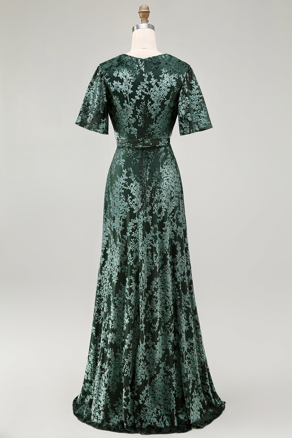 Dark Green A Line Burnout Velvet Long Prom Dress with Short Sleeves