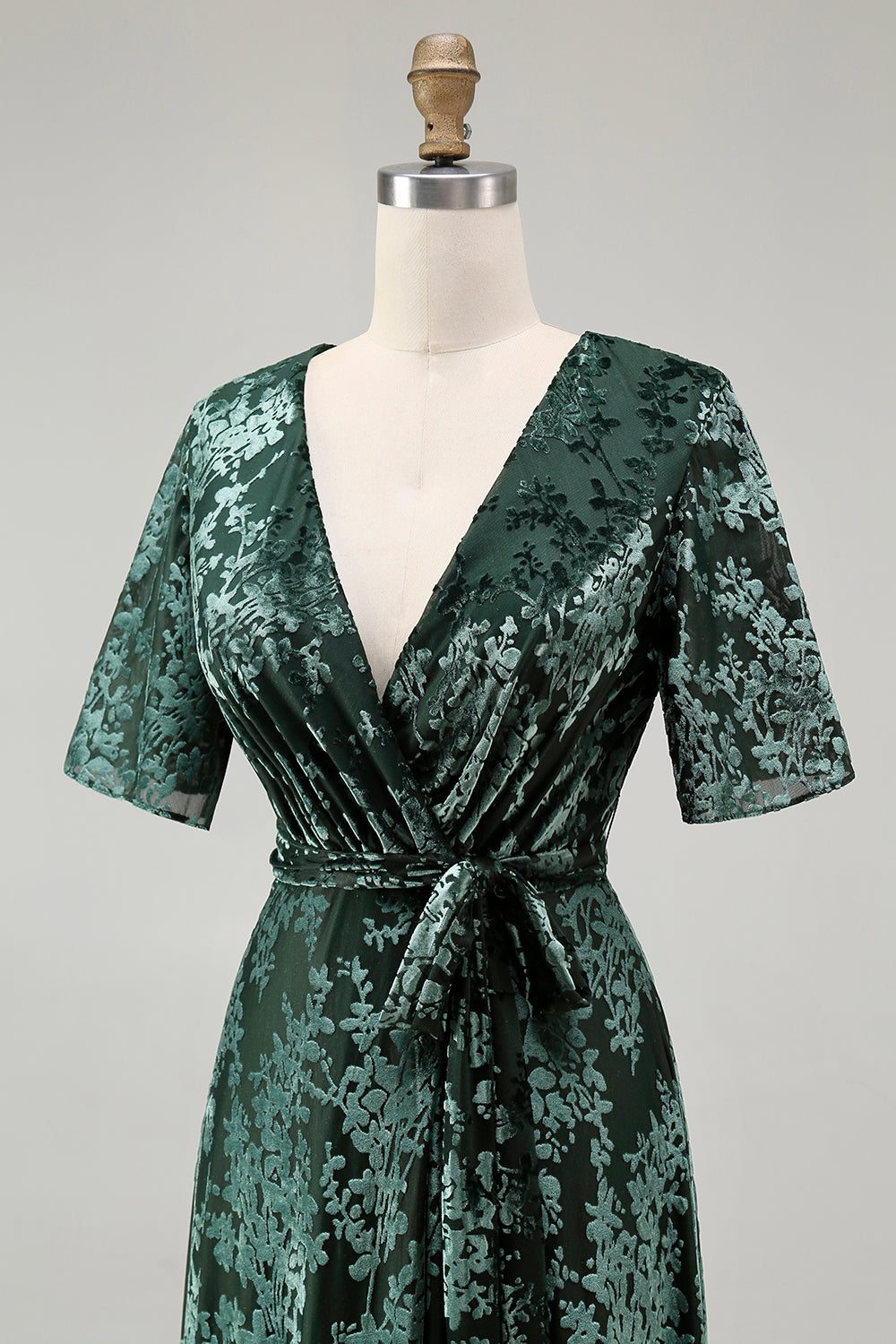 Dark Green A Line Burnout Velvet Long Prom Dress with Short Sleeves