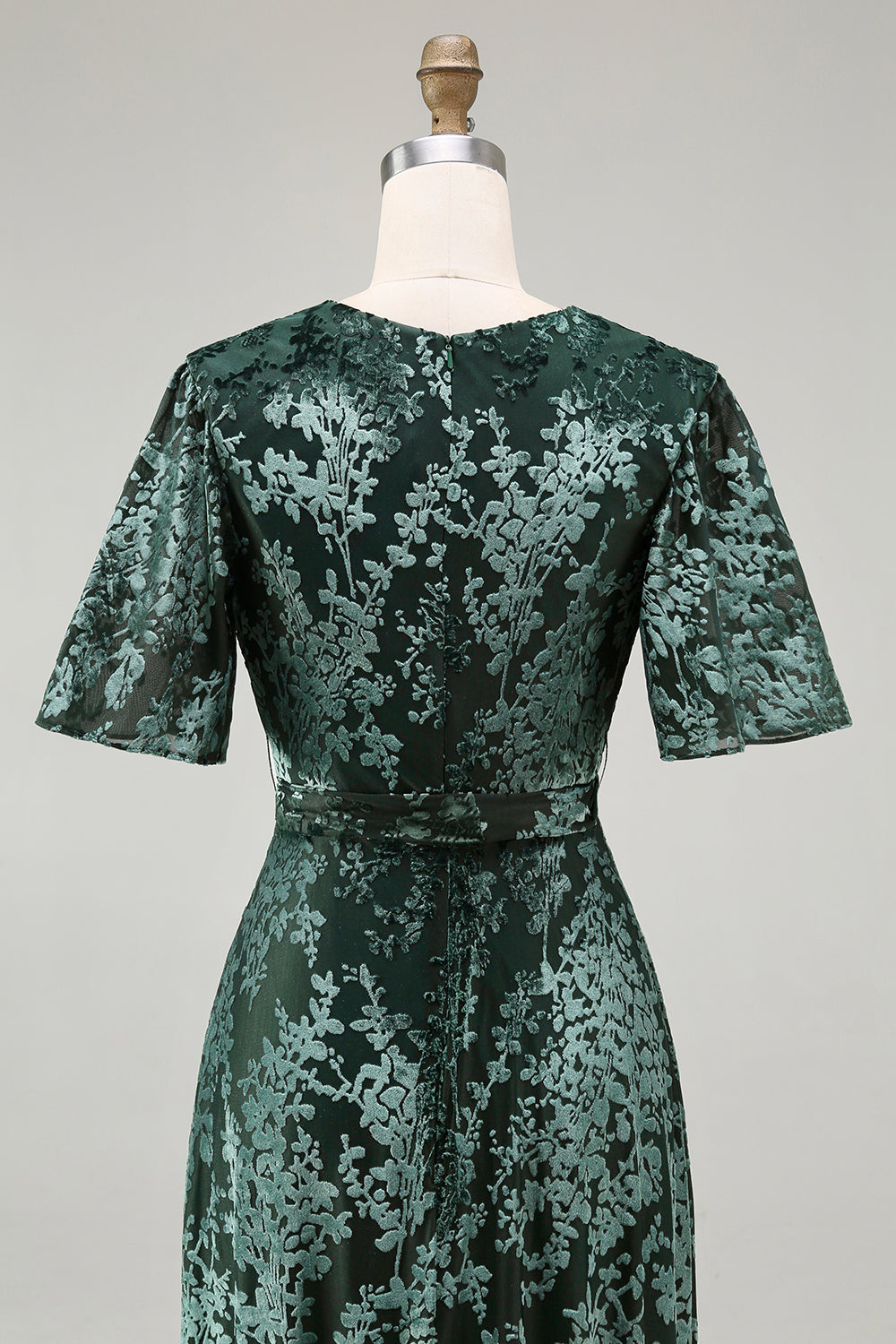 Dark Green A Line Burnout Velvet Long Prom Dress with Short Sleeves