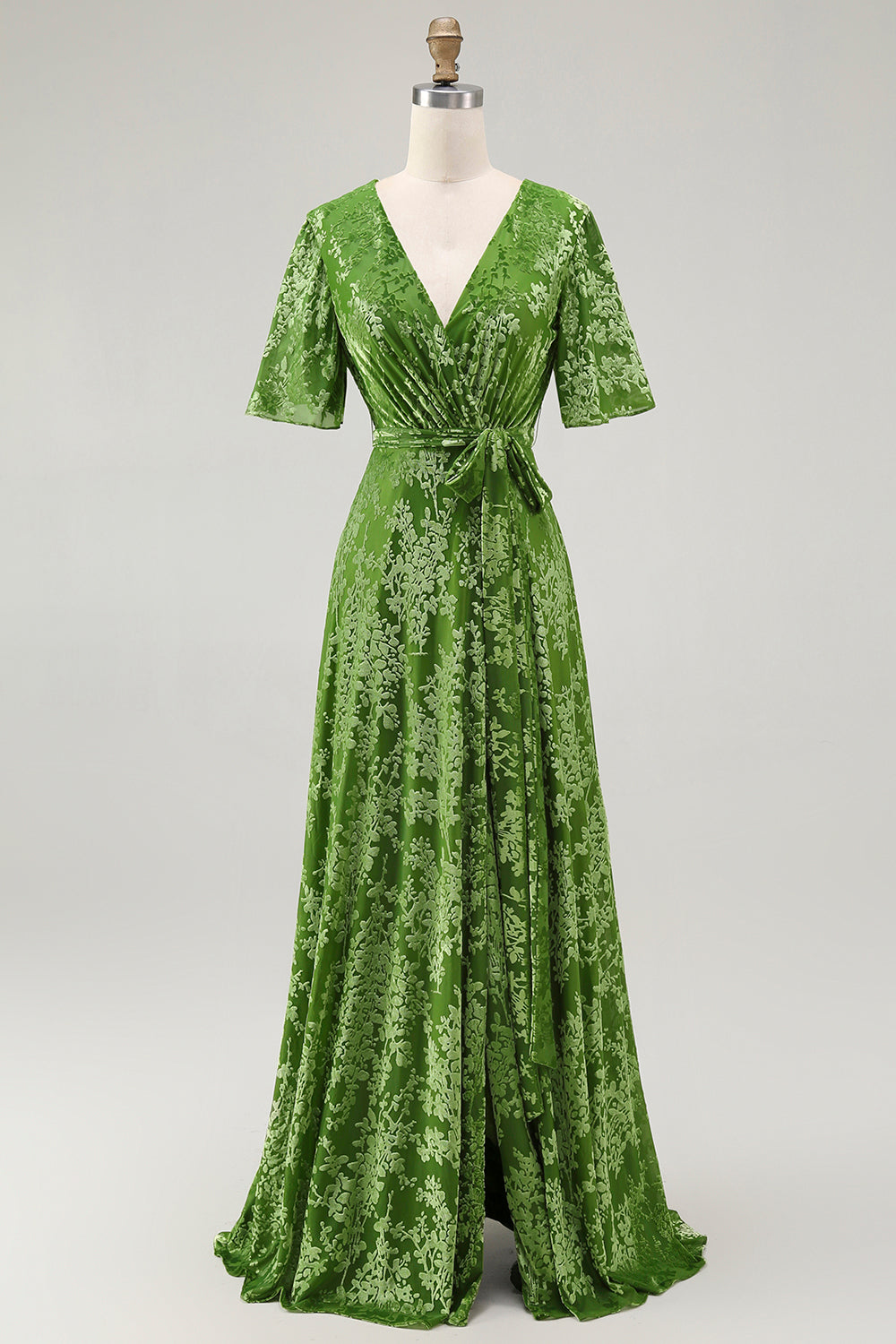 Dark Green A Line Burnout Velvet Long Prom Dress with Short Sleeves