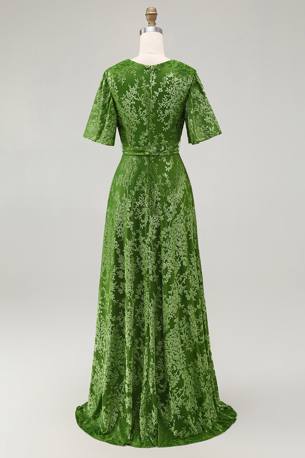Dark Green A Line Burnout Velvet Long Prom Dress with Short Sleeves