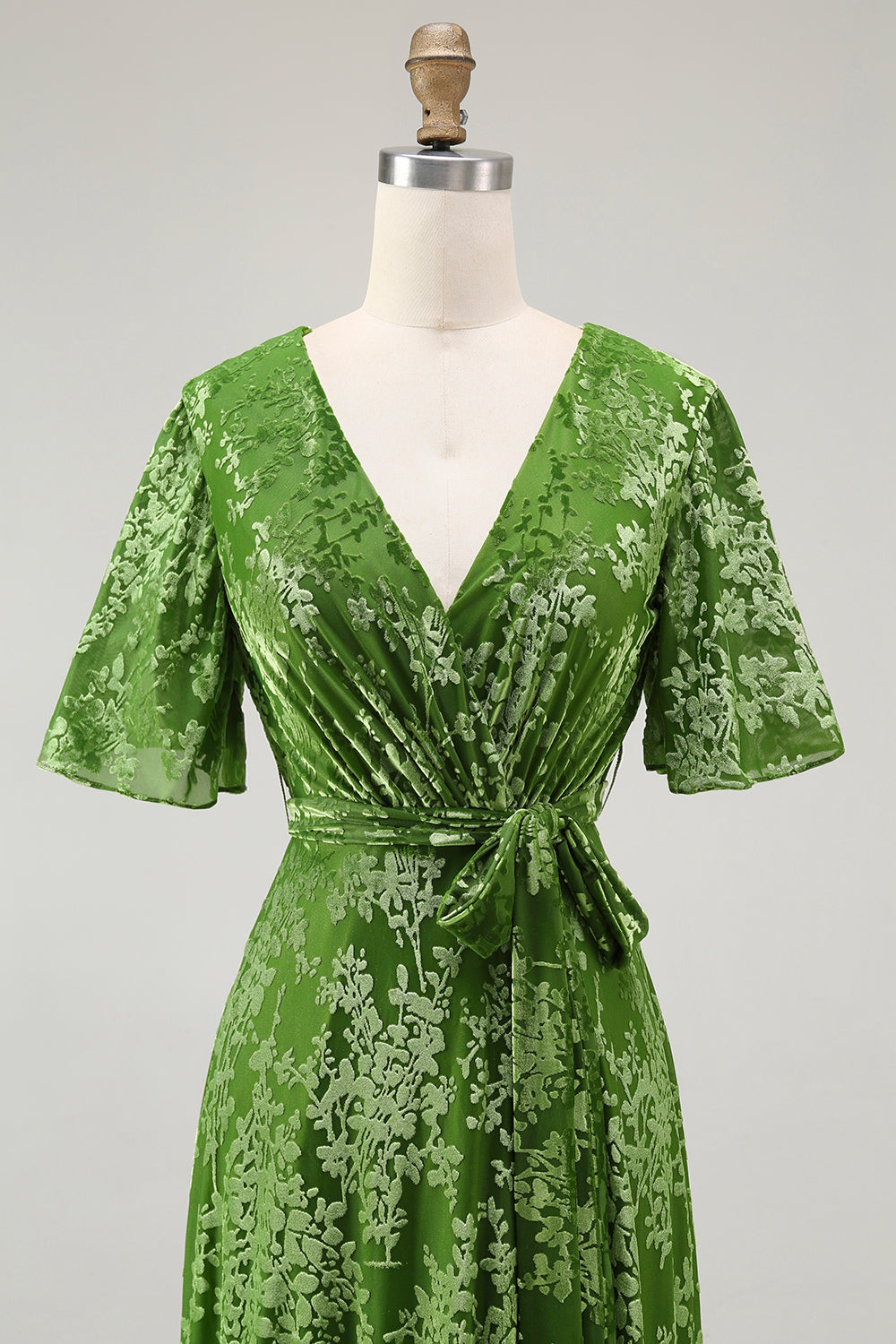 Dark Green A Line Burnout Velvet Long Prom Dress with Short Sleeves