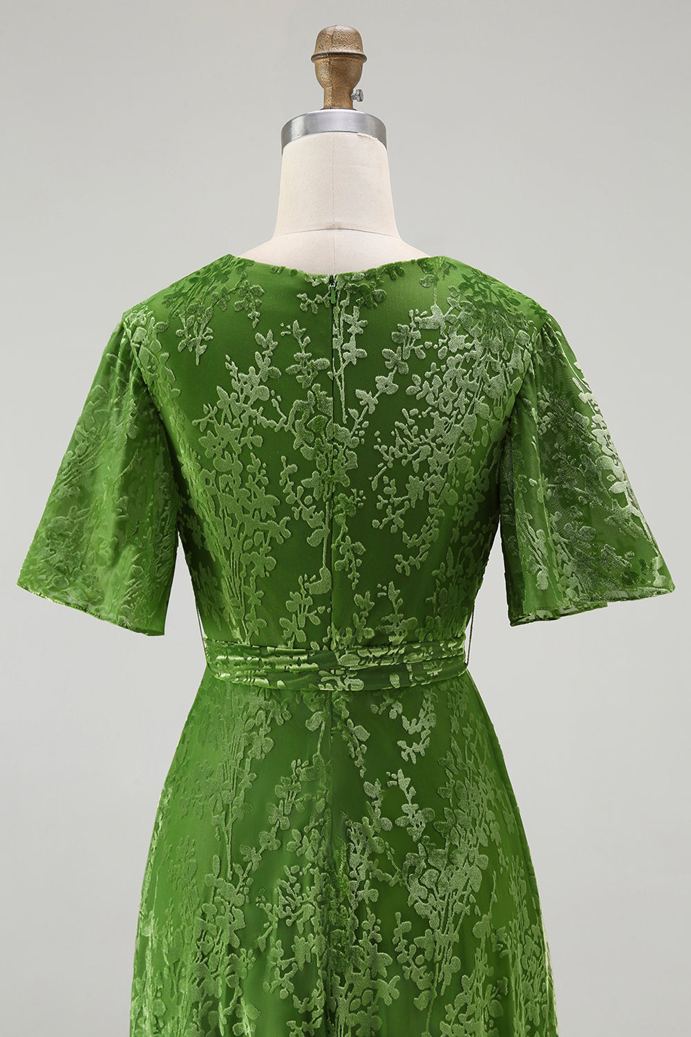 Dark Green A Line Burnout Velvet Long Prom Dress with Short Sleeves