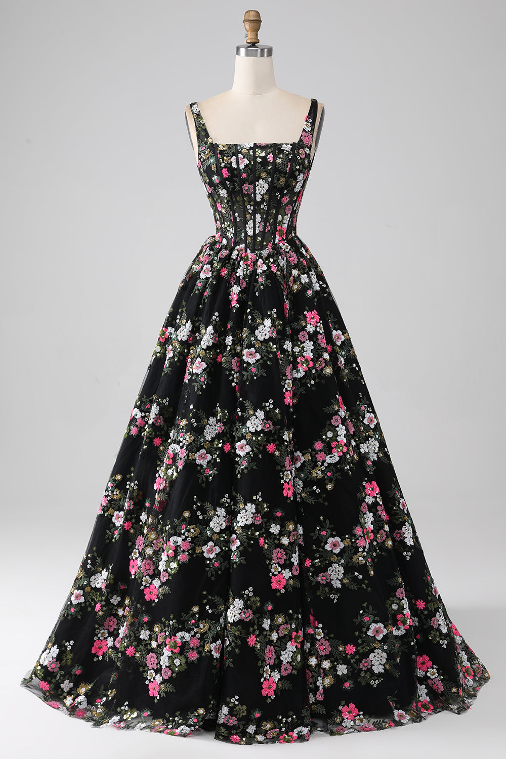 Charming A Line Square Neck Black Corset Prom Dress with Appliques