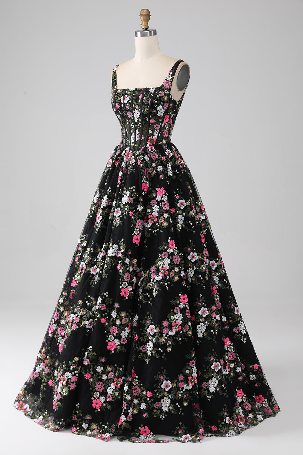 Charming A Line Square Neck Black Corset Prom Dress with Appliques