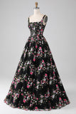 Charming A Line Square Neck Black Corset Prom Dress with Appliques