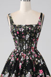 Charming A Line Square Neck Champagne Corset Prom Dress with Appliques