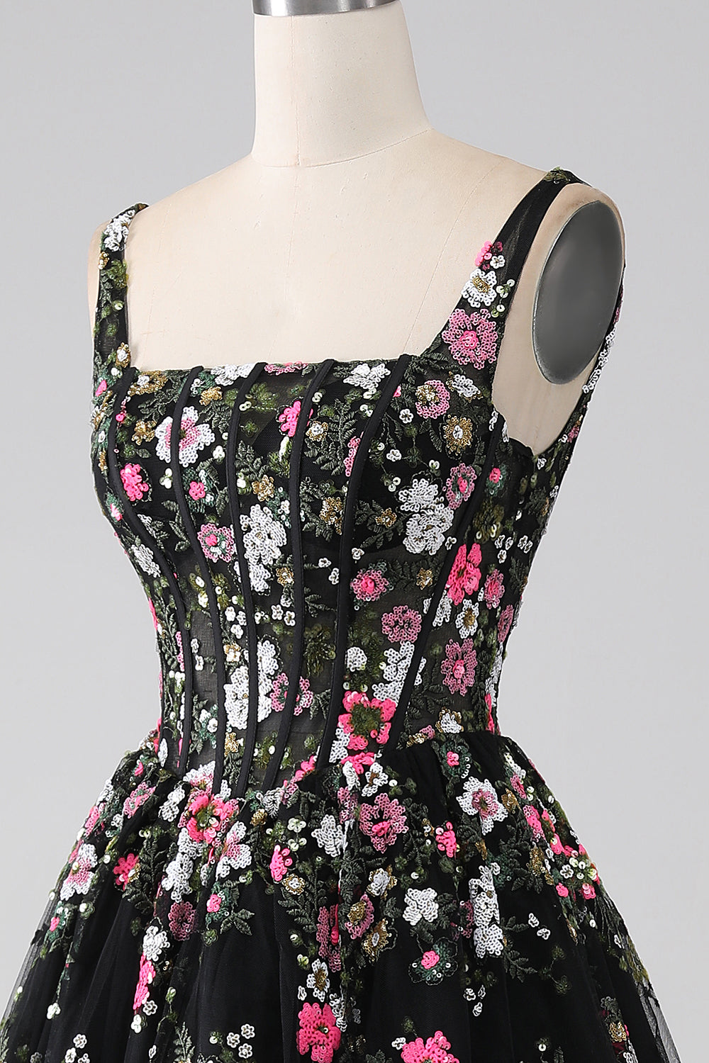 Charming A Line Square Neck Black Corset Prom Dress with Appliques