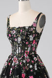 Charming A Line Square Neck Black Corset Prom Dress with Appliques