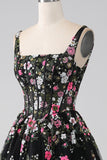 Charming A Line Square Neck Champagne Corset Prom Dress with Appliques